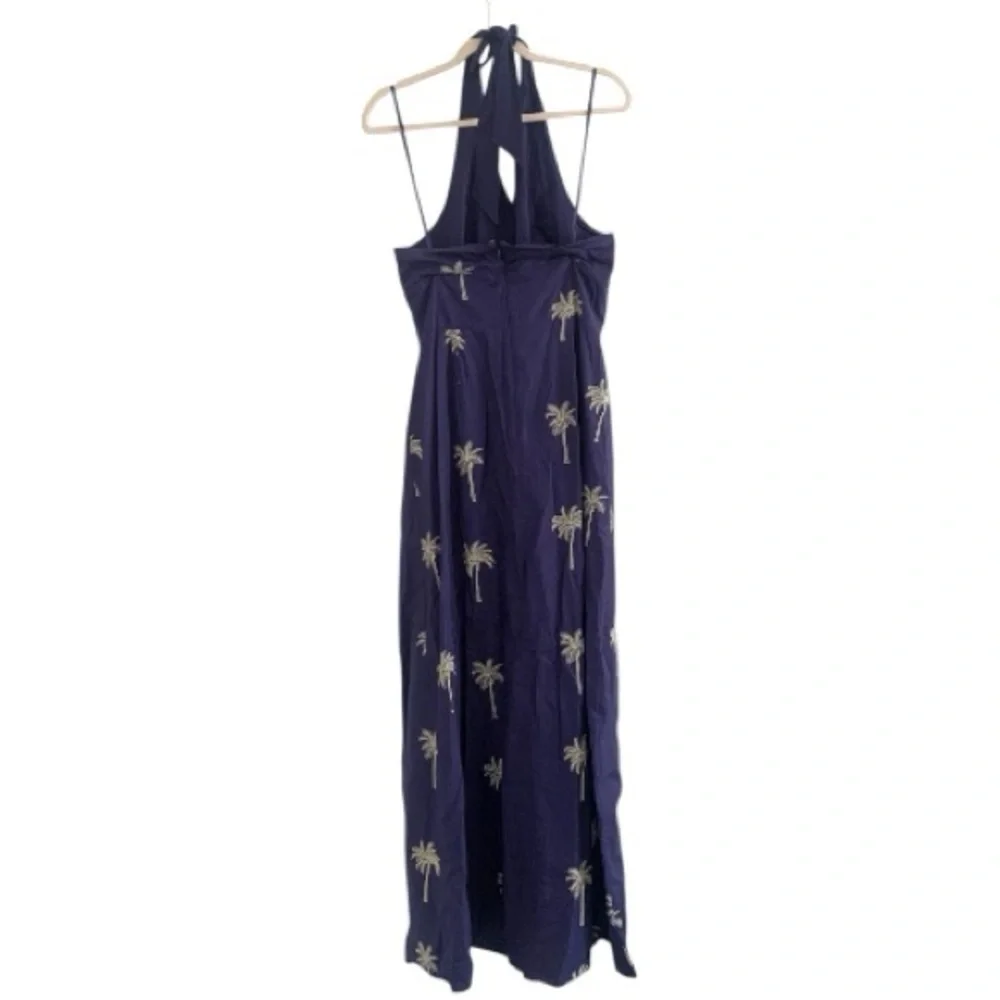 Tori Richard It's a Date River Dress Navy Palm Tree Embroidery Halter Maxi Dress - Picture 4 of 10